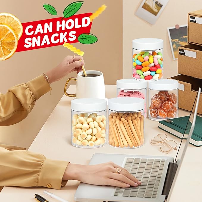 48 PCS 8 OZ Plastic Jars with Screw On Lids, Pen and Labels Refillable Empty Round Slime Cosmetics Containers for Storing Dry Food, Makeup, Slime, Honey Jam, Cream, Butter, Lotion, White