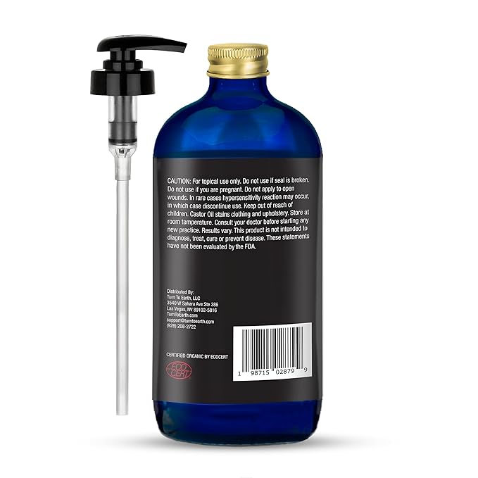 Organic Castor Oil, Cold Pressed, Glass Bottle, USDA Certified Premium Organic, Unrefined, Hexane Free, for Hair Growth, Radiant Skin, Eyebrows, Lashes and Fuller Hair, 16.9 oz w/ Pump (Made in USA)