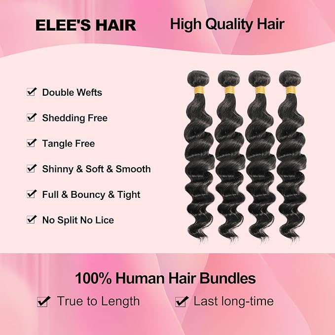 12A Grade Brazilian Virgin Loose Wave Hair 4 Bundles 100% Unprocessed Virgin Brazilian Remy Loose Deep Wave Human Hair Weave Bundles for Black Women Natural Color 20 22 24 26 Inch