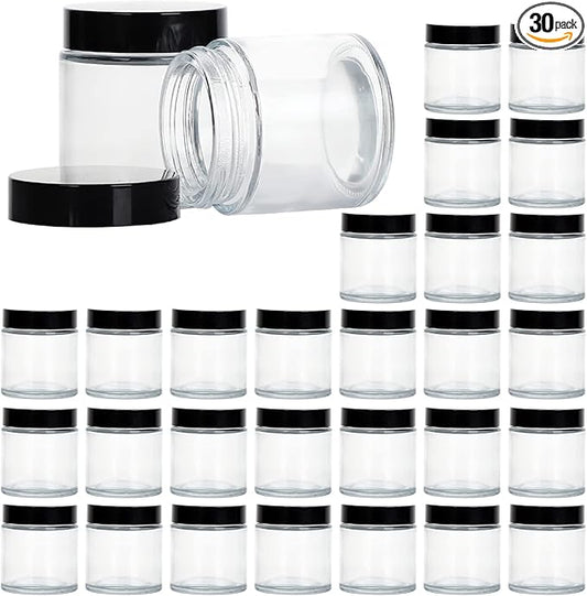 4oz Glass Jars with Lids, Hoa Kinh 30 Pack Clear Empty Cosmetic Containers Round Airtight Glass Jar with Black Lids for Storing Lotions, Powders, and Ointments