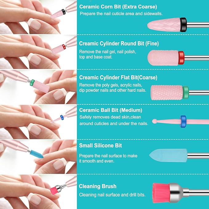 15Pcs Nail Drill Bits Set with Storage Box, 3/32 Inch Tungsten Ceramic Diamond Carbide Nail Drill Bits for Acrylic Gel Polish, Cuticle Efile Remover for Manicure Pedicure