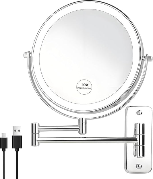 JANEEVA 8" Wall Mounted Lighted Makeup Mirror,Rechargeable Double Sided 1X/10X Magnifying Mirror with 3 Color Lights,Touch Dimmable Bathroom Vanity Mirror with 360°Swivel Extendable Arm Chrome