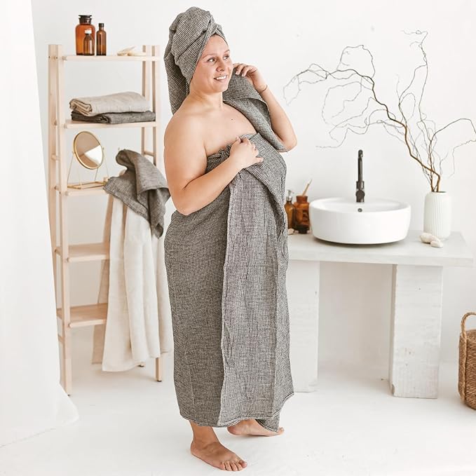 100% Linen Bath Sheet Towel - 36x72-inches - Waffle Weave Black-Natural Oversized Bath Towels - Lightweight Absorbent Thin Beach Towel Quick Dry XL Travel Towel Extra Large