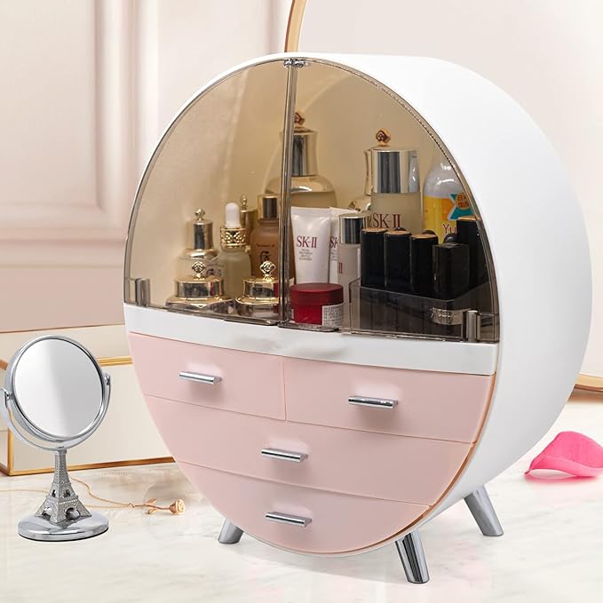 13.4''x15.7'' Makeup Organizer Large Capacity Waterproof and Dustproof Cosmetic Display Cases Desktop Beauty Storage Drawer Lipstick Skin Care Shelf (L, Pink)