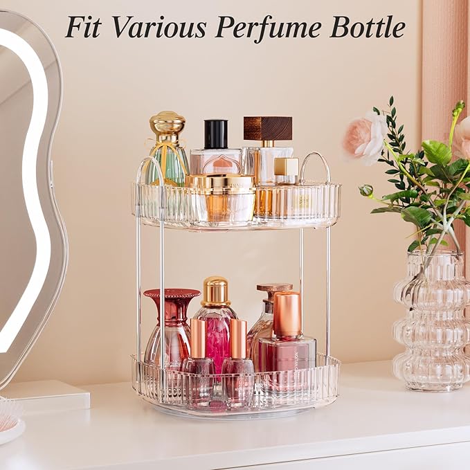 Delamu Rotating Bathroom Countertop Organizer, Large Capacity 2-Tier Multi-Function Storage for Cosmetics, Skincare, and Perfume. Makeup Organizer Countertop Ideal for Dresser, Bathroom,Vanity, Clear