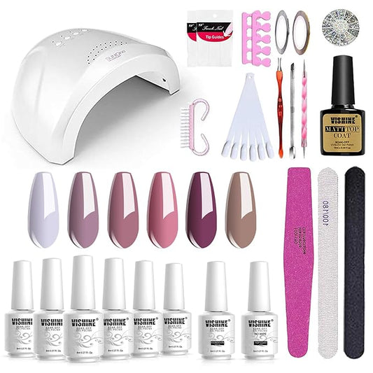 Vishine Gel Nail Polish Starter Kit with 48W SUNOne UV LED Nail Lamp Speed Dryer Manicure Tools 6 Pretty Colors Gel Polish Base and Top Coat #03