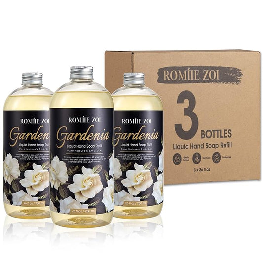 Hand Soap Refills, Gardenia Liquid Hand Soap, Large 750 ML / 26 FL OZ Bottles (Pack of 3), Gentle & Moisturizing Formula, Natural & Cruelty-Free for Kitchen & Bathroom Soap Dispensers