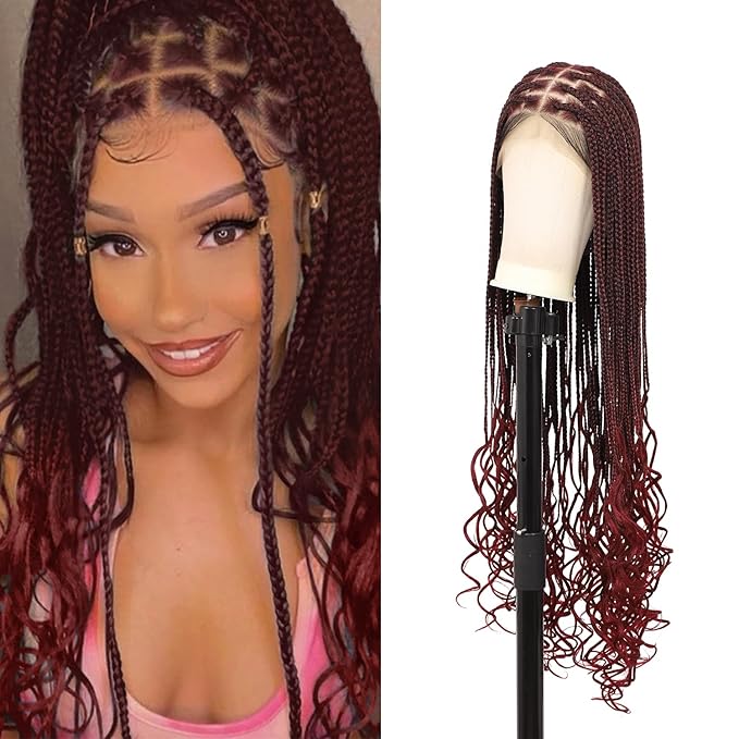 360° HD Full Lace Knotless Braided Wigs for Women Box Braid Wig with Curly End Braided Lace Front Wigs Hair Human Hair Blended Braid Wig with Baby Hair Burgundy 36Inch