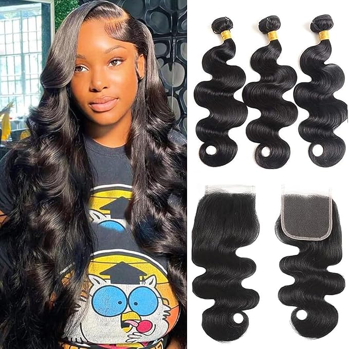 12A Body Wave Human Hair Bundles with Closure (20 22 24+18,Free Part) Closure with 3 Bundles Brazilian Virgin Hair Extensions with Pre Plucked with Baby Hair 5X5 HD Lace Closure Natural Black Color