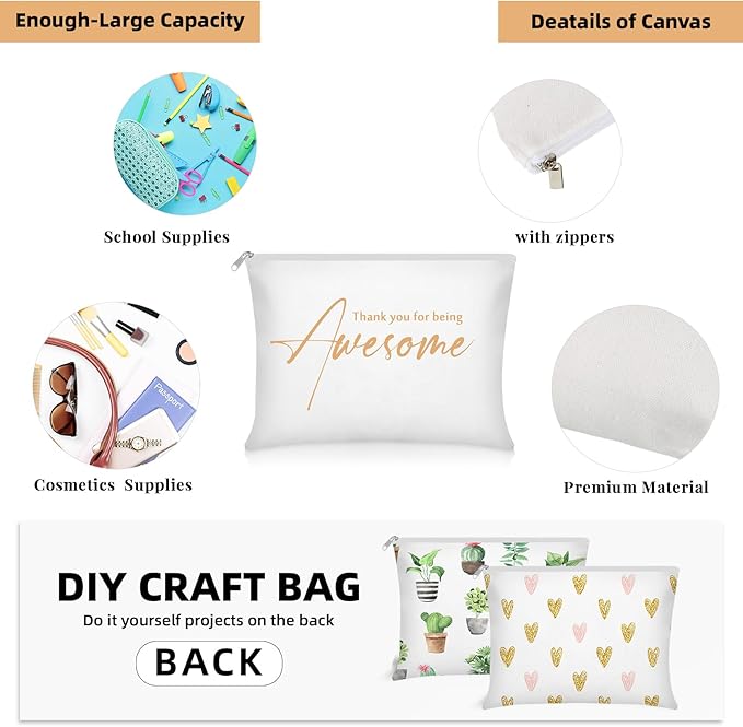 Buryeah 24 Pcs Thank You Cosmetic Bags for Women Thank You for Being Awesome Makeup Bags Bulk Employee Appreciation Pouches for Student Teacher Team Coworker Assistant Gift(White)
