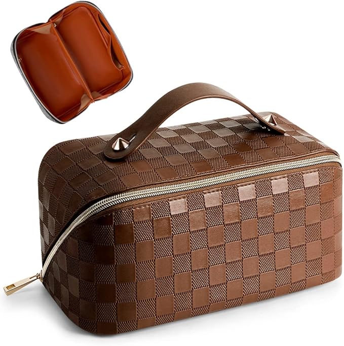 Cessfle Large Capacity Travel Cosmetic Bag Plaid Checkered Makeup Bag Portable Leather Waterproof Skincare Bag with Handle and Divider for Women, 01-Brown