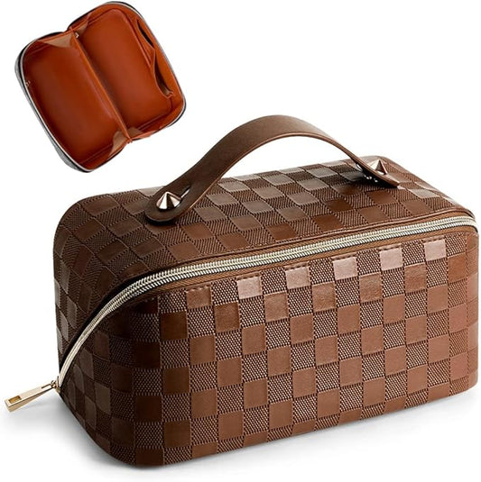 Cessfle Large Capacity Travel Cosmetic Bag Plaid Checkered Makeup Bag Portable Leather Waterproof Skincare Bag with Handle and Divider for Women, 01-Brown