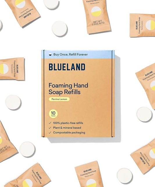 BLUELAND Foaming Hand Soap Refill Tablets, 10-Pack, Perrine Lemon Scent, Eco Friendly Cleaning Products, 10 x 9 Fl oz