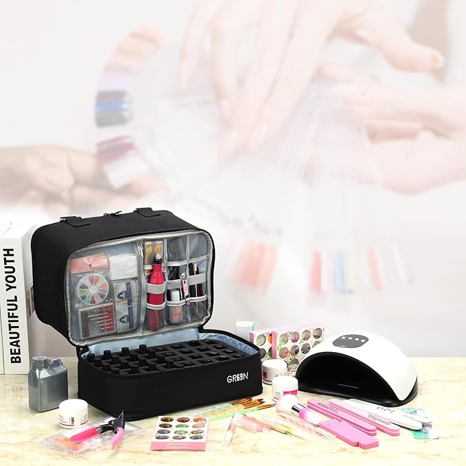 Nail Polish Organizer Bag,Double Layer Nail Polish Storage Fits a Nail Lamp and 40 Bottles,Great Size Nail Storage Organizer For Nail Drill,Nail Supplies Set (Bag Only)-Black