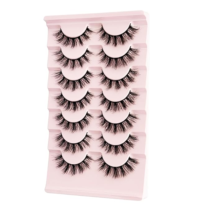 Short Lashes Natural Look Mink Lashes Fluffy Wispy Lashes Strips Russian D Curl NINGLASH False Eyelashes Cat Eye Lash that Look Like Extensions Fake Eyelash 14mm Faux 3D 7 Pairs Lash Pack