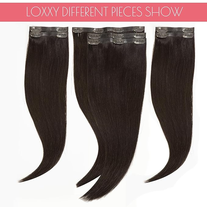 Loxxy Seamless Clip in Hair Extensions Real Human Hair Dark Brown 7Pcs 130G 16Inch Clip in Extensions Human Hair Natural Silky Straight Invisible PU Weft Edge Remy Hair Extensions