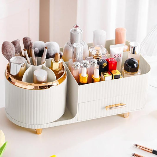 Rotating Makeup Organizer for Vanity with Brush Holder and Drawer, Cosmetic Makeup Storage, Large Spinning Makeup Skincare Organizer, Countertop Makeup Perfume Organizer, Lotions Display Case (White)