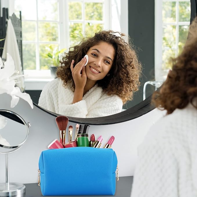 Sanwuta 9 Pcs Preppy Makeup Bag PU Leather Cosmetic Bag Makeup Pouch Plain Waterproof Toiletry Organizers for Traveling Preppy Travel Purse End of the Year Teacher Gifts Bulk(Blue)