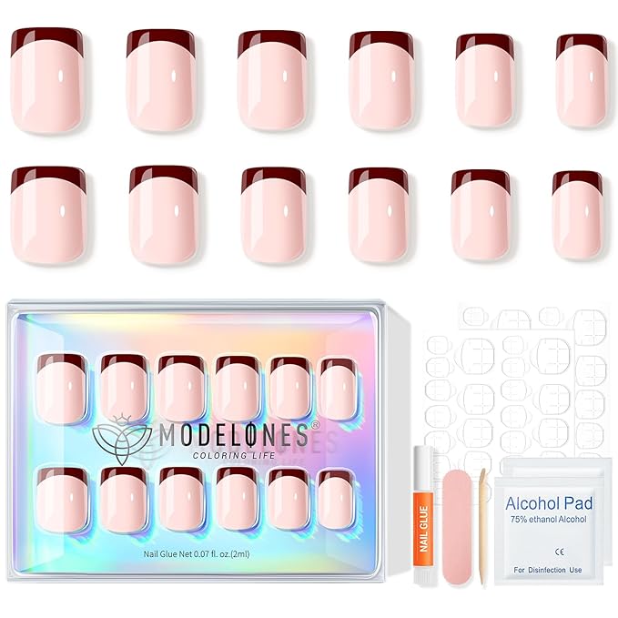 Modelones Press on Nails, Red Chrome French Short Square Fake Nails, Spring Easter Reusable Nail Kit with Nail Glue Adhesive Tabs Mini Nail File, Nails Press Ons 32Pcs16 Sizes, Women Girl Gift