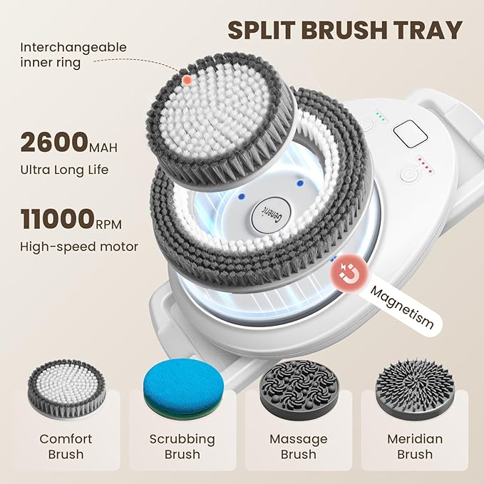 Wall Mounted Exfoliating Brush, 360° Autorotation Electric Shower Brush, with Four Deep Cleansing Heads, 3-Speed Adjustment, Ai Smart Electric Back Scrubber for Shower Wall