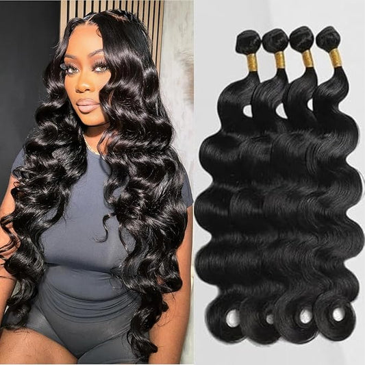 12A Body Wave Packs - 4 Packs 100% Unprocessed Brazilian Virgin Human Hair, Natural Black Color, 22-28 Inch, Real Human Hair Weave Bundles