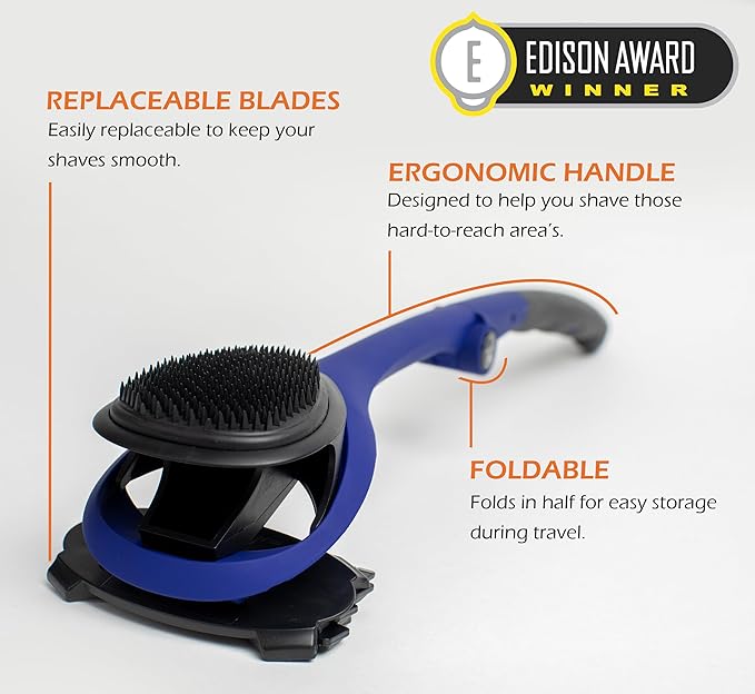 BAKblade 2.0/ELITE PLUS - Back Hair Removal and Body Shaver (DIY), Easy to Use Ergonomic Handle for a Close, Pain-Free Shave, 3 of the Wet or Dry Disposable Razor Blades, Scrubbing Sleeve Included