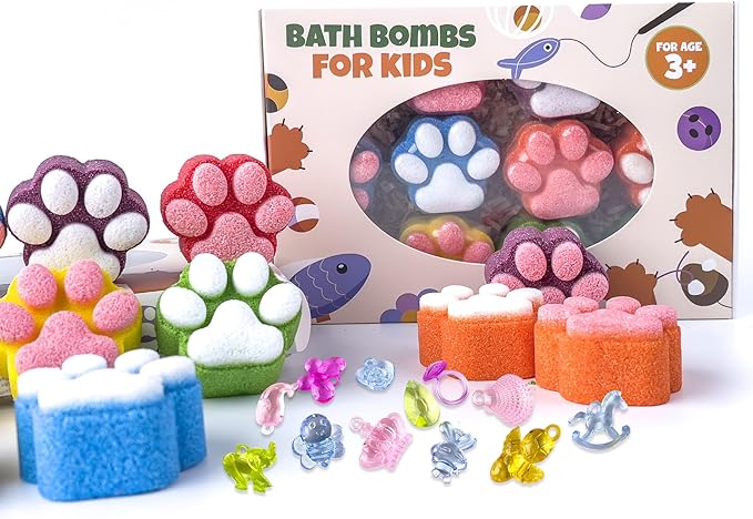 Paw Bath Bomb for Kids with Surprise Toys Inside, 12 Pcs Colorful Handmade Natural Bath Ball with Sparkling Crystal Toys, SPA Fizzy Bath Bomb Gift Set for Girl Boy at Christmas, Birthday