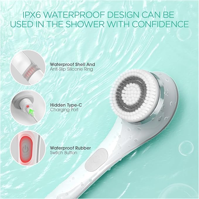 VOYOR Electric Body Brush Back Scrubber for Shower Rechargeable Exfoliating Bath Brush Powered Shower Brush with Non-Slip Long Handle Deep Cleansing, Exfoliation, Massaging Spin Brush BC100 (Gery)