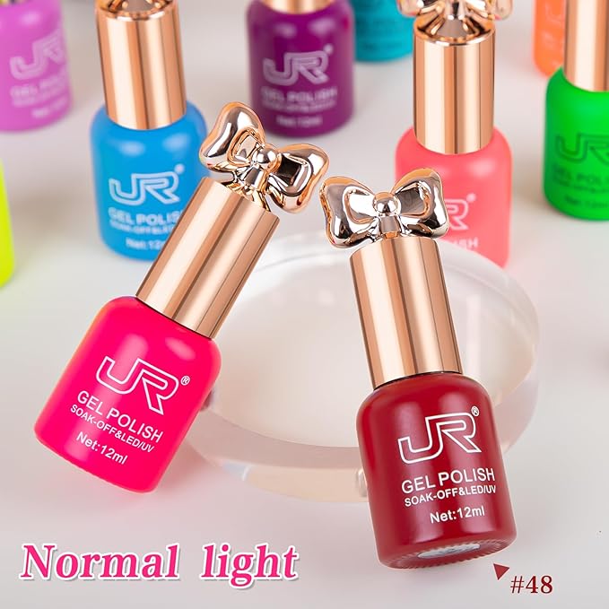 JR Gel Nail Polish 10pcs 0.4oz Neon Gel Nail Polish Set - Vibrant Neon Colors Nail Art Kit for Rave & Summer Festivals, Elegant Bow Bottle Design, Quick Dry & Chip-Resistant Gifts for Women E Model