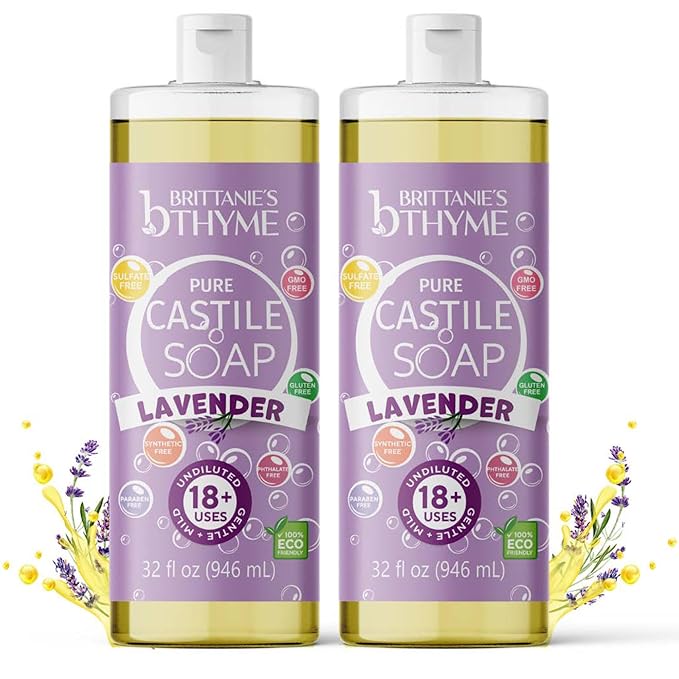 Brittanie’s Pure Castile Liquid Soap Refill, Lavender, 32 Ounce 2 Pack | Dish Soap, Hair & Body, Home, Gentle and Pure, Made with Natural Luxurious Oils, Vegan & Gluten Free Non-GMO