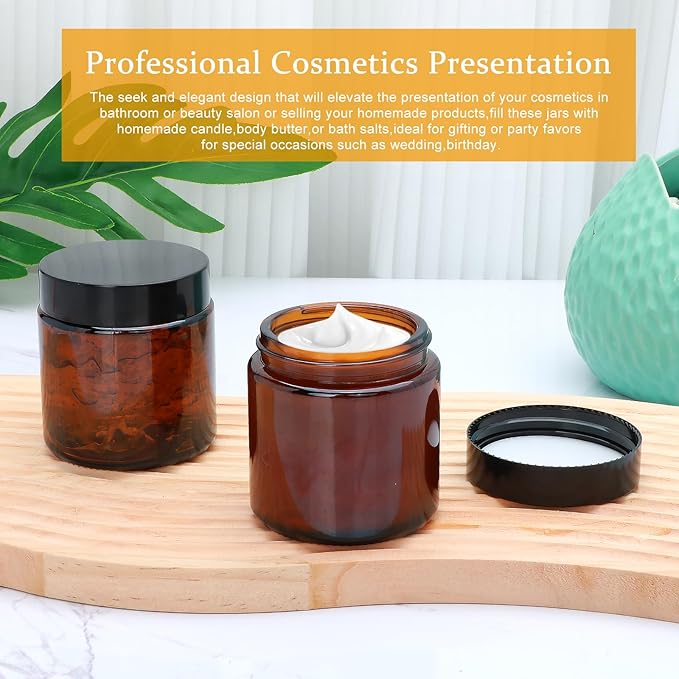 4oz Glass Amber Cosmetic Jars with Black Lids,12 Pack Empty Small Glass Jars with Inner Liners, Round Sample Container for Cream,Lotion,Ointments