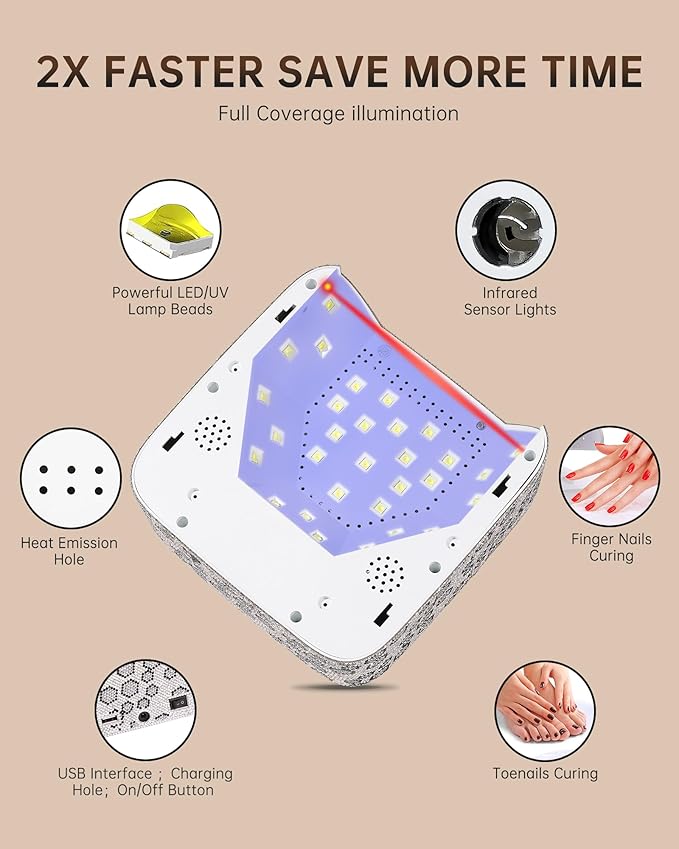 UV LED Nail Lamp 72W Rechargeable Sparkly Wireless Nail Dryer Gel Polish Light with 5 Timer Setting Professional Quick Dry Curing Lamp with Display Auto Sensor for Salon & Home