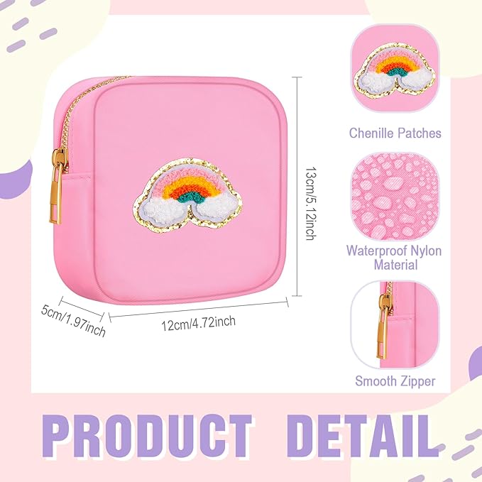 Sumind 12 Pcs Preppy Patch Cute Makeup Bag Travel Cosmetic Toiletry Chenille Skincare Bag Portable Nylon Organizer Storage Purse Small Zipper Makeup Pouch Daily Use Storage Purse for Women Girls Gift