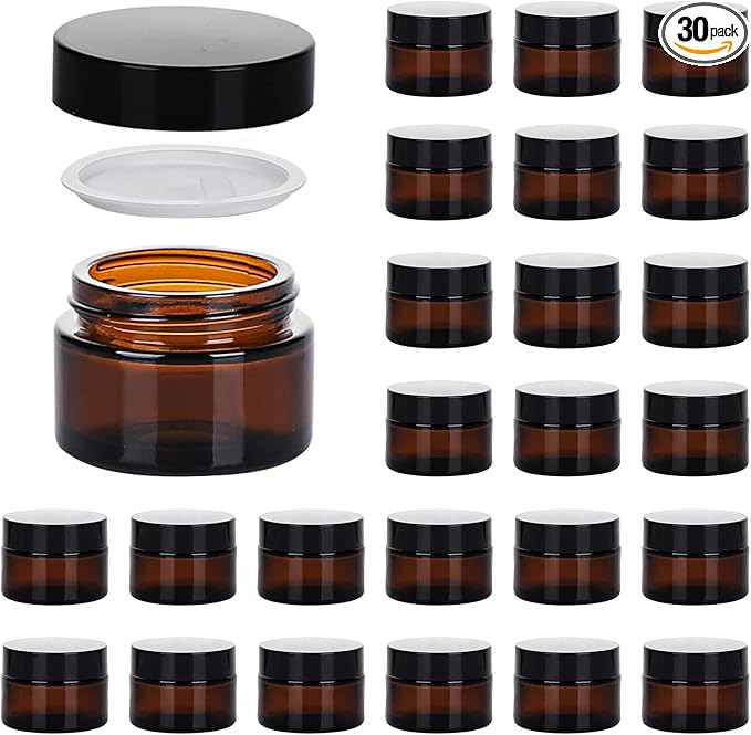 1oz Glass Jar with Lid, Hoa Kinh 30Pack Amber Round Containers Cosmetic Glass Jars with Inner Liners and Black Lids Travel Jars for Storing Lip and Body Scrub, Lotion, Body Butter, Bath Salts, Liquid