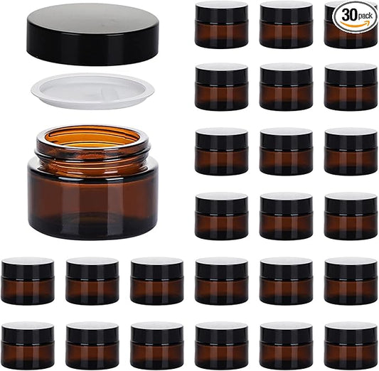 1oz Glass Jar with Lid, Hoa Kinh 30Pack Amber Round Containers Cosmetic Glass Jars with Inner Liners and Black Lids Travel Jars for Storing Lip and Body Scrub, Lotion, Body Butter, Bath Salts, Liquid