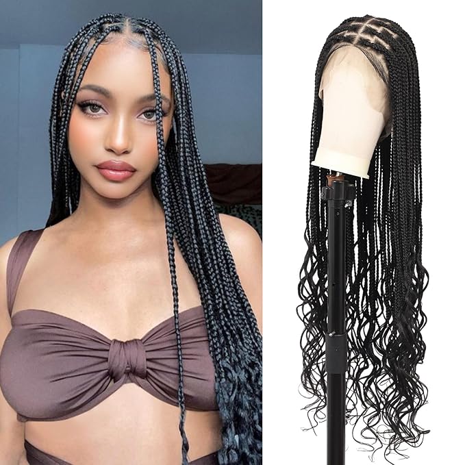 360° HD Full Lace Knotless Braided Wigs for Women Box Braid Wig with Curly End Human Hair Blended Braided Lace Front Wigs with Baby Hair 36 Inch Black