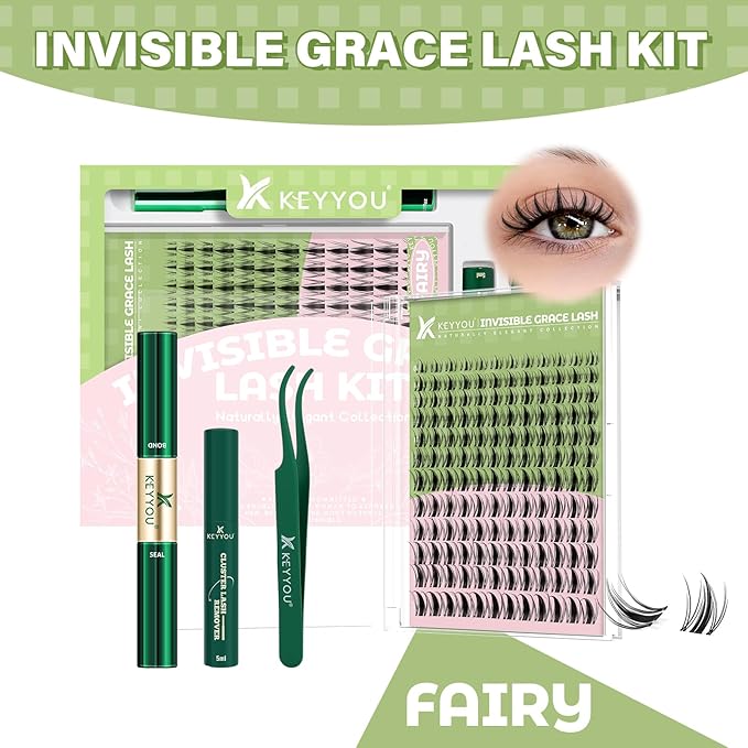Fairy Lash Clusters Kit Manga Lash Extension Kit D Curl KEYYOU 144Pcs Eyelash Extension Kit Wispy Natural Invisible Band Lash Kit with Waterproof DIY Lash Extension Kit at Home(Fairy-D-8-18MIX)