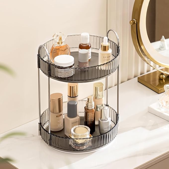 360 Rotating Makeup Organizer Countertop 2 Tier Bathroom Organizer Spinning Perfume Organizers Skincare Organizers Makeup Carousel with Silver Handle Cosmetic Brush Storage, Clear Gray