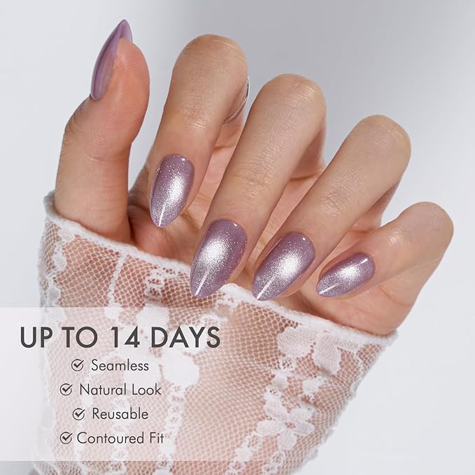 VSALON Short Almond Press-On Nails - Purple Cat Eye Design, Reusable Fake Nails with Nail Glue, Protector Cuticle Oil, Adhesive Tabs & Mini Nail File - 32 PCS in 16 Sizes (Crystal Dawn)