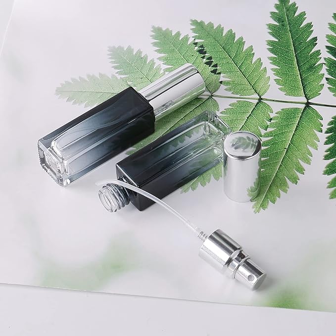 45pcs 10ml Mini Square Spray Bottle Glass Empty Spray Refillable Perfume Bottle Fine Mist Liquid Dispenser for Makeup Skin Care (Silver Cap)