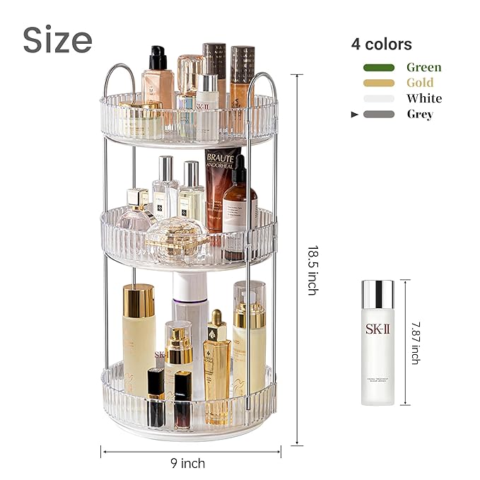 Aveniee Rotating Makeup Organizer for Vanity, 3 Tier Perfume Skincare Organizers and Storage for Bathroom Countertop, Clear Spinning Counter Cosmetic Holder for Dresser(Grey)