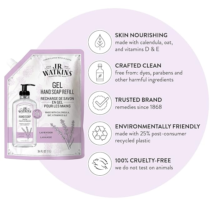 J.R. Watkins Gel Hand Soap Refill, Moisturizing Hand Wash, All Natural, Alcohol-Free, Cruelty-Free, USA Made, Lavender, 34 Fl Oz (Pack of 3)