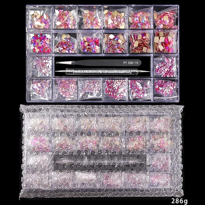 12 Types of Pink AB 600 Diamonds + 2500 Flat Rhinestones Mix 20 Styles Flatback DIY Crafts Rhinestone Crystals 3D Decorations Flat Back Stones Set +Tweezers + Drill Pen