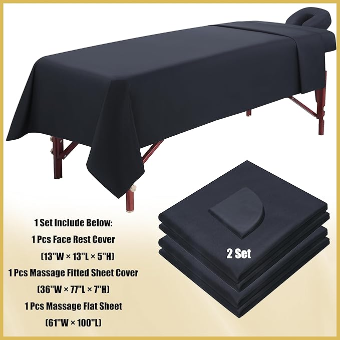 2 Sets Microfiber Massage Table Sheet Sets 3 Pcs Massage Bed Cover Soft Wrinkle Free Includes Massage Fitted Sheet,Massage Sheets and Face Cradle Cover for SPA Beauty Salon Tattoos (Black)