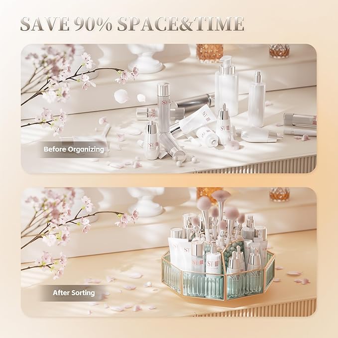 360° Rotating Makeup Organizer – Spinning Vanity Organizer with Makeup Brush Holder for Countertop, Bathroom Storage, Skincare, Perfume & Cosmetic Organizer for Vanity