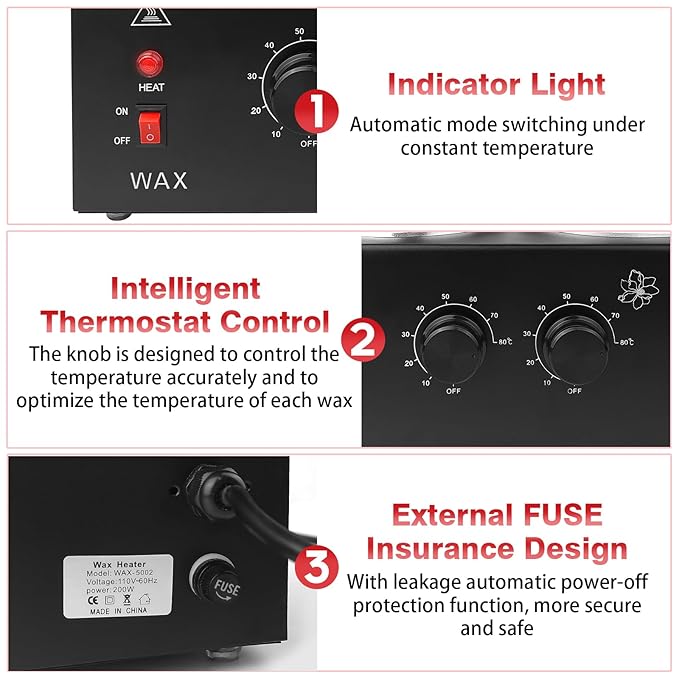 1.2L Double Wax Warmer Machine Wax Pot for Hair Removal, Professional Electric Wax Heater with Adjustable Temperature Set for Women Men with 40PCS Wooden Wax Sticks and Two Silicone Bowls