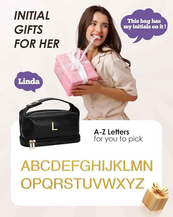 Women Gifts, Personalized Makeup Bag with Handle, Initial Double Layer Cosmetic Bag with Makeup Brush Organizer, PU Leather Travel Toiletry Bag, Gifts for Friends Female Mom