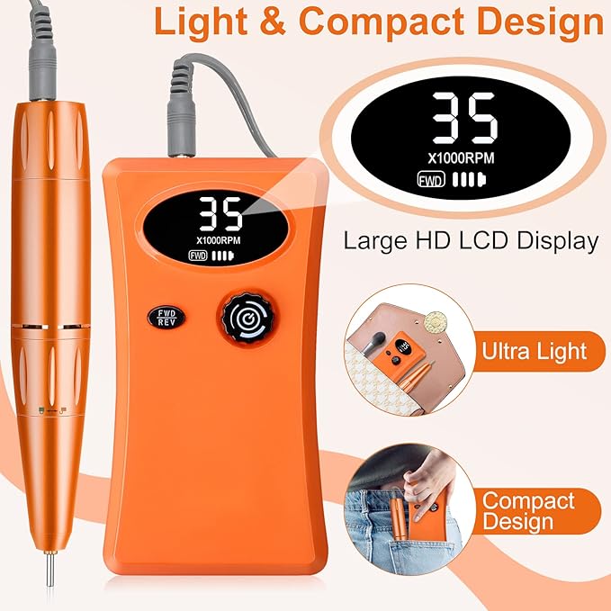 Electric Nail Drill, Urbuti 35000RPM Professional Nail Drill Machine, Portable Rechargeable File Machine Set for Acrylic Gel Nails, Manicure Pedicure Tools for Home and Salon Use(Orange)