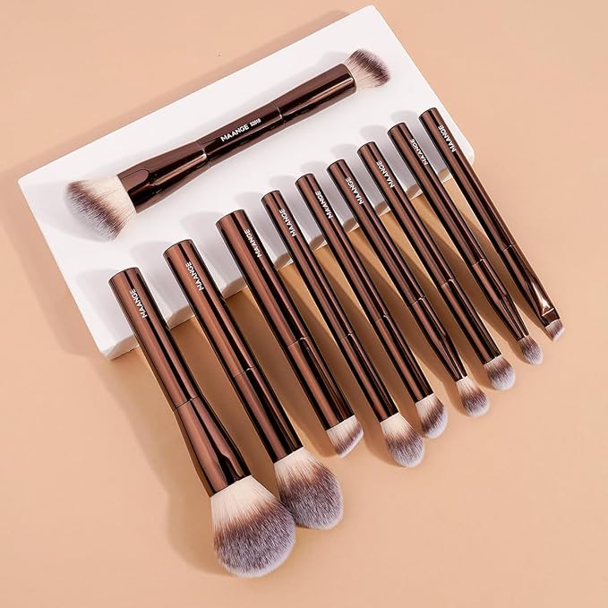 MAANGE 10 Pcs Makeup Brush Set Double-ended Kabuki Brush Travel Makeup Brushes for Foundation Powder Concealers Eye Shadows Makeup Tools Set with LED Light Mirror (Coffee Brown)