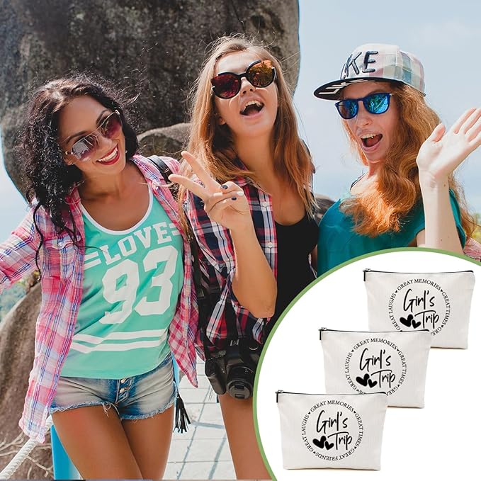 3Pcs Girls Trip Gifts Favors, 2025 Girls Weekend Gifts Funny Makeup Bag, Bestie Gifts Weekend Bag Vacation Cosmetic Bag, Friendship Gifts for Women Friend BFF, Graduation Wedding Gifts Toiletry Bag